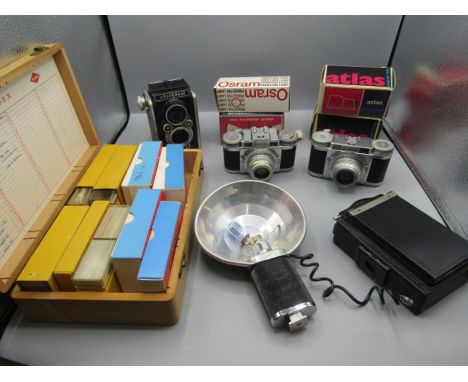 Vintage camera's, accessories and a box of slides 1960's