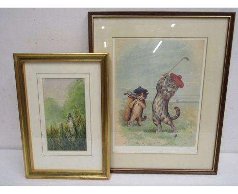 Watercolour signed K Walton and a Louis Wain cats print
