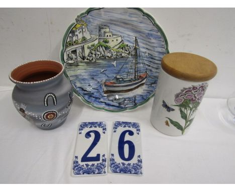 Portmeirion pot, 2 numbered tiles, hand painted plate and an Australian hand painted vase