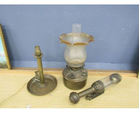 Brass oil lamp with glass shade, wall sconce and electrified brass table lamp (plug removed)