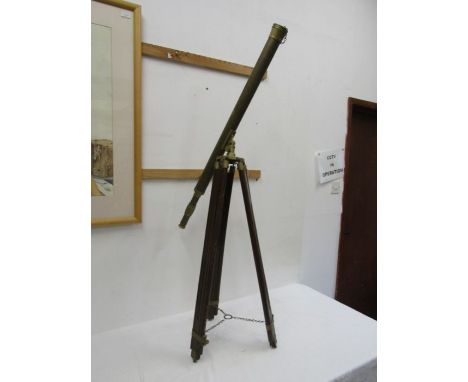 Large vintage brass telescope with wood and brass tripod. tripod 84cm high telescope 98cm long