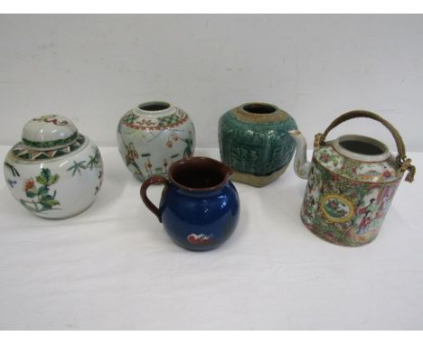 Chinese Familile rose teapot, 2 vintage ceramic ginger jars and a studio pottery jar