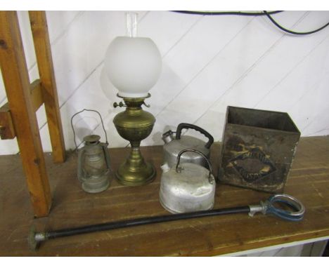 Brass oil lamp with glass shade, 2 vintage kettles and shooting stick etc 