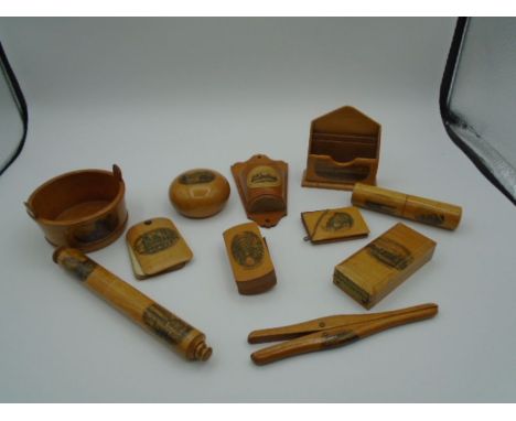 Collection of mauchline ware to incl glove stretchers, needle cases, egg timer case with timer, paperweight, wall pocket, des