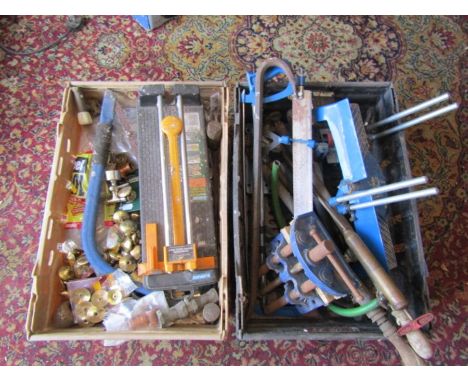 2 Boxes of tools and fixings etc including Record bench vice and brass knobs 