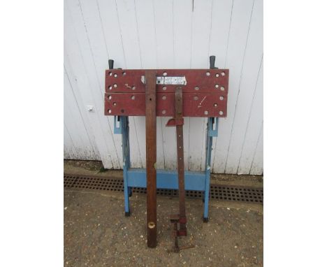 Work bench, sash clamp and vintage wooden spirit level 