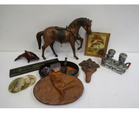Collectable lot- leather box and leather horse, Fossils, crystals, caddy spoon, terracotta face score board etc