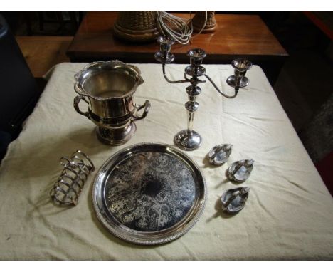 Mixed Silver plated items including toast rack and candelabra etc 
