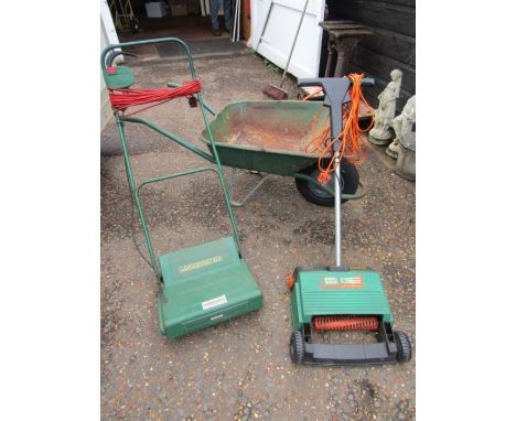 Qualcast roller, lawn rake and wheel barrow