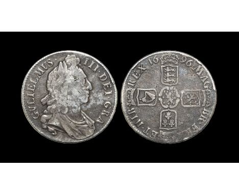 Dated 1696 AD. First bust. Obv: profile bust with GVLIELMVS III DEI GRA legend. Rev: crucifrom arms with MAG BR FRA ET HIB RE