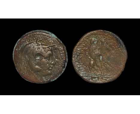 221-204 BC, Alexandria Mint. Obv: head of Alexander right, wearing elephant skin headdress, horn of Ammon and aegis. Rev: PTO