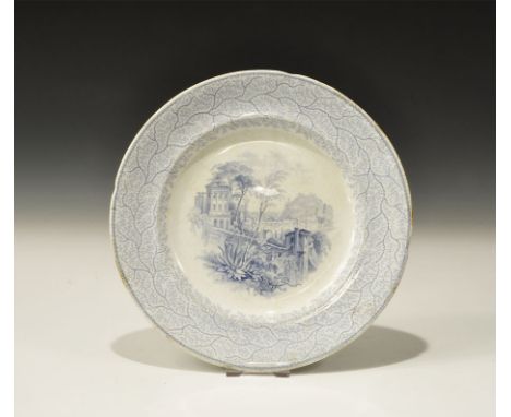 1842-1844 AD. A broad white-glazed plate with branch and blossom detail in blue to the border, central scene of a villa, wall