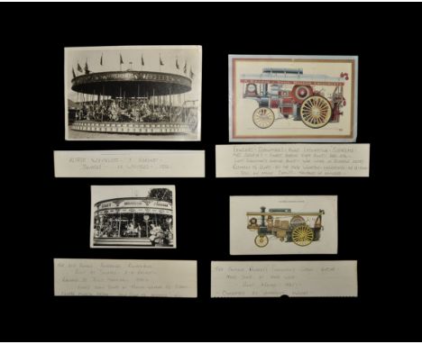 20th century AD. A mixed group of monochrome photographs and prints of old fairground roundabouts with accompanying caption c