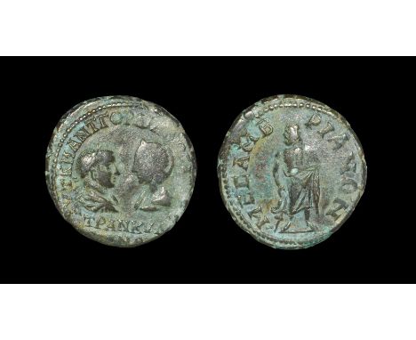 238-244 AD. Obv: AVT K M ANT GORDIANOC AVG CEB TRANKVLLINA legend with laureate, draped bust of Gordian right, facing draped 