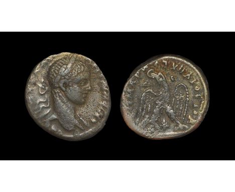 218-222 AD, Emesa mint. Obv: AYT K M ANTWNEINOC CEB legend with laureate head right. Rev: DHMARX EX YPATOB legend with eagle 