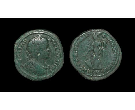 202-205 AD. Obv: AY K MAR ANTWNINOC legend with laureate, draped, cuirassed bust right. Rev: HG CIKINIOY KLAROY OYLPIAC PAYTA