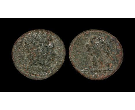 200-1 BC. Obv: SELEYKOY legend with laureate head of Asklepios right. Rev: P-E-R-G-AMHNWN in fields and below with eagle stan