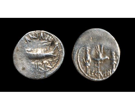 32-31 BC.. Military mint travelling with Marc Antony. Obv: ANT AVG III VIR R P C legend with Praetorian galley, thyrsos behin