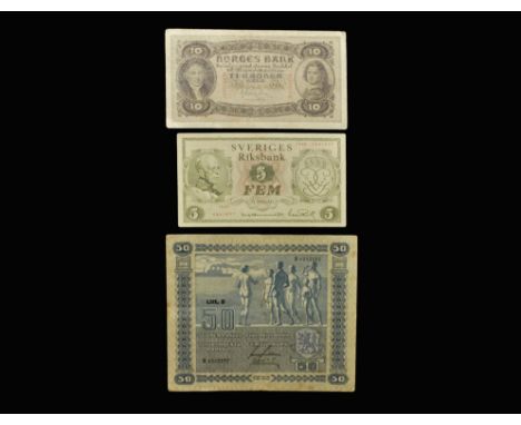 Group comprising: Finland, 50 markkaa, 1939-1941 issue, dated 1939, serial number B6252777; Norway, 10 kroner, 1901 issue, da