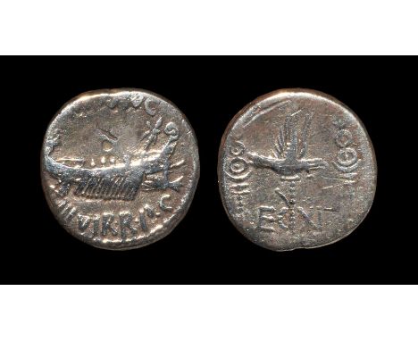 32-31 BC.. Military mint travelling with Marc Antony. Obv: ANT AVG III VIR R P C legend with Praetorian galley, thyrsos behin