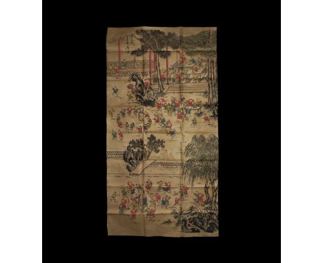 20th century AD. A rectangular paper sheet with hand-painted scene of children playing and bathing; calligraphic text and a r