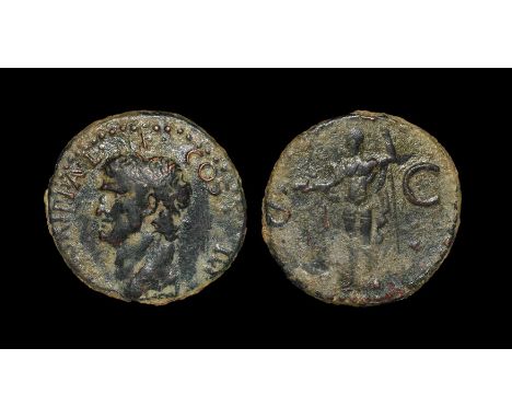 37-41 AD. Rome mint. Obv: M AGRIPPA L F COS III legend with head left wearing rostral crown. Rev: S-C with Neptune standing f