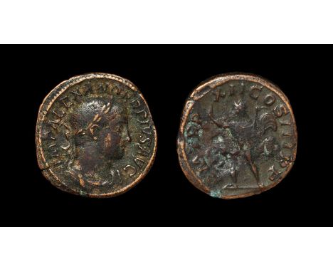 233 AD. Rome mint. Obv: IMP ALEXANDER PIVS AVG legend with laureate, draped bust right. Rev: P M TR P XII COS III PP legend a