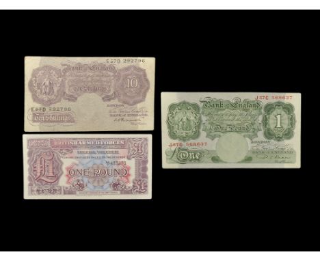 1948 no date issue, Bank of England, ten shillings, serial number E57D 292796. Obv: seated Britannia, brown-violet and brown.