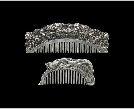 20th century AD. A pair of bifacial silver coloured metal combs comprising: one with arched handle formed as a bridge with fo