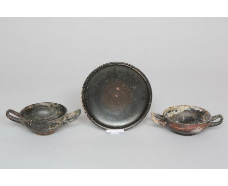 Two Greek, Attic, black glaze kylix and a dish, ca. 5th-4th century BC. Provenance dish, William Froelich, 1960-'70's and Art