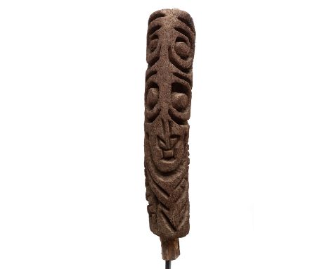 Vanuatu, Malekula, Small Nambas, fern tree gable ornament of a men's house showing deep cut spirals, an anthropomorphic figur