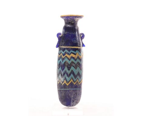 Phoenician, glass flask, alabastron, 6th-4th century BC., opal blue glass sand kern technique flacon with two handles and win