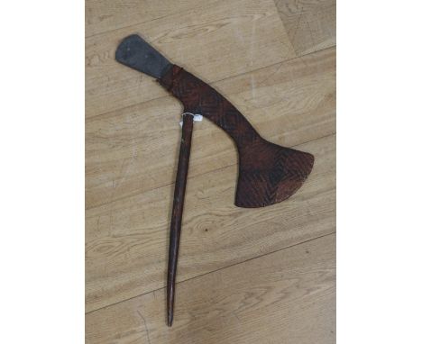 P.N. Guinea, Highlands, Mount Hagen, ceremonial axe with fine plaited patterns.  w. 68 and L. 93 cm. [1]
