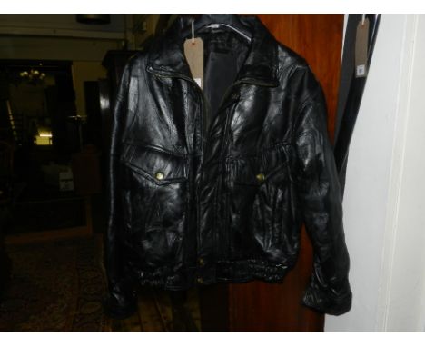 A gentleman's black leather jacket with two patch pockets, medium.