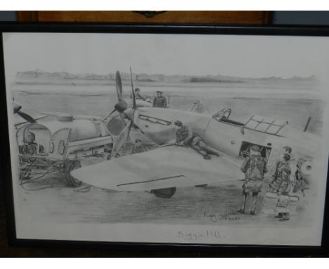 A print of a pencil sketch of the WWII Battle of Britain Hurricanes at Biggin Hill, signed and dated September 1940. H: 31cm 