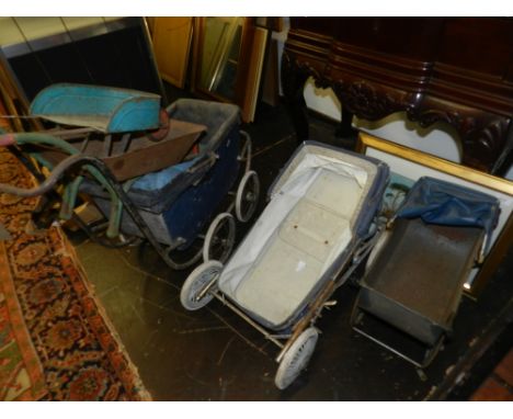 Three vintage 1950s dolls prams, together with two wheel barrows, (5)