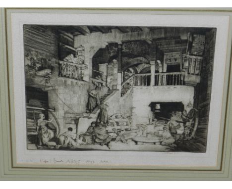 After Sir William Russell Flint (Scottish, 1880-1969), Courtyard Scene, print, signed in pen by artist to lower margin. H: 28