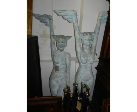 Two life size Egyptian figural nudes, in various poses, finished in dappled light blue, largest 200cm, (2)
