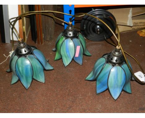 Three branch Tiffany style ceiling light, having coloured leaded glass shades fashioned as bell flowers