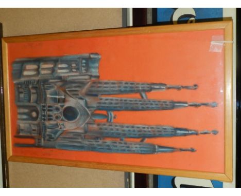 20th century school, The Sagrada Familia, chalk on paper, unsigned, H: 58cm W: 32cm, together with Rehearsal, a print from an