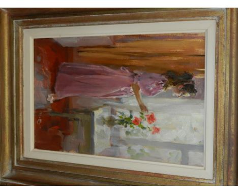 20th Century Russian? School, 'full length portrait of a lady', oil on canvas, signed lower right, H: 37cm, W:21cm