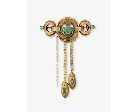 Brosche mit Smaragden

England, um 1860

Gelbgold 625/- (15K), gestempelt, und Silber. 1 Smaragd im  Kissenschliff von ca. 0,