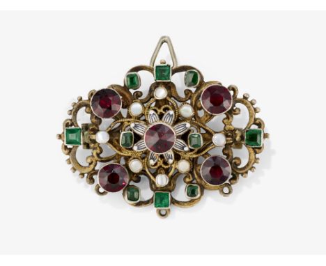 Brosche/Anhänger mit roten und grünen Glassteinen, Perlmutt und Email

Österreich, um 1870

Silber, österreichische Feingehal