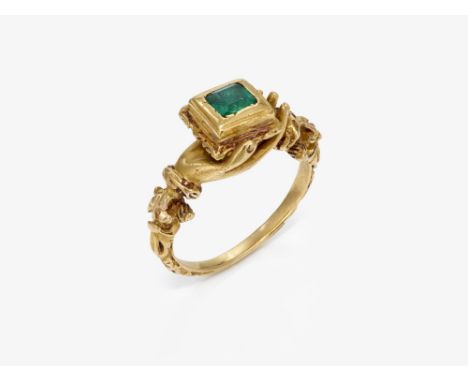 Ring mit Smaragd

Wohl Anfang 17. Jh.

Gelbgold 750/-, getestet. 1 Smaragd im oktogonalen Treppenschliff, ca. 4 x 3,5 mm. Res