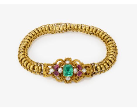 Armband mit schönem Smaragd, Rubinen und Perlen

Wohl Frankreich, um 1830

Gelbgold 750/-, getestet. 1 Smaragd im kissenförmi