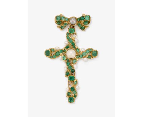 Kreuzanhänger mit Smaragden und Flussperlen

Österreich, um 1870

Gelbgold 750/-, österreichische Feingehaltspunze ab 1867. C
