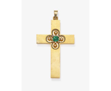 Kreuzanhänger mit sehr schönem Smaragd und Diamanten

Wohl Frankreich, um 1870

Gelbgold 750/-, getestet. 4 kleine Altschliff