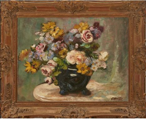 L. Martin 1. Hälfte 20. Jh.  Blumenstillleben  R. u. signiert. Öl auf Leinwand. 62 x 82 cm. Minimal beschädigt, restauriert. 