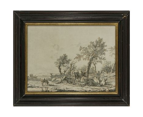 Jan II Kobell
1778 Delfshaven - 1814 Amsterdam

Rinder und Schafe am Wasser

R. u. signiert "J. Kobell f.". Tuschfederzeichnu