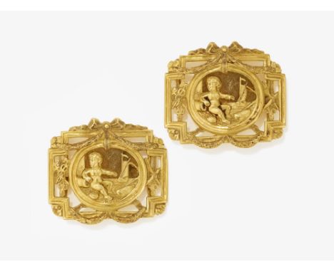 Ein Paar Schuhschnallen

Wohl Frankreich, um 1780

Gelbgold 750/-. Punzen: W und verschlagene Punze.. Ca. 4 x 3,5 cm.. Ca. 21